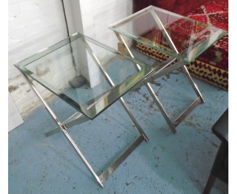 LAMP TABLES, a pair, rectangular glass on X chromium supports, 44cm x 59cm x 60cm H. (2)
