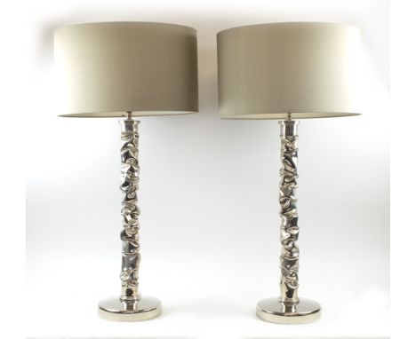 PORTA ROMANA CRUSHED COLUMN TABLE LAMPS, a pair, tubular construction subjected to controlled compression in nickle plate fin