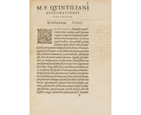 Quintilianus (Marcus Fabius) Declamationes C.XXXVII, edited by Pierre Ayrault, first Ayrault edition, woodcut decorative init