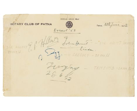 1953 British Mount Everest Expedition.- Collection of signatures, comprising: Edmund Hillary, John Hunt, Tenzing Norgay &amp;