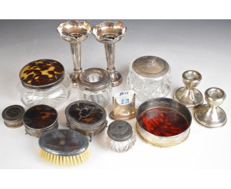 Hallmarked silver mounted items comprising four silver lidded cut glass dressing table pots, pair of trumpet vases, pair of c