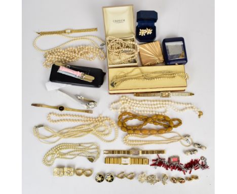 A collection of jewellery including faux pearls, earrings, Stratton compact etc