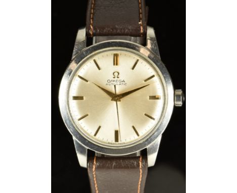 Omega gentleman's automatic wristwatch ref. 2577 with gold dauphine hands and hour markers, silver dial, stainless steel case