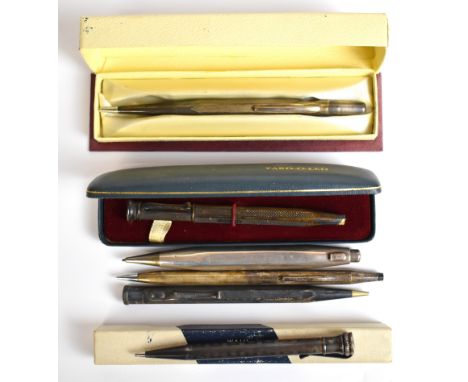 Six hallmarked silver or similar propelling pencils including Montblanc Pix, Yard-O-Led, Wahl Eversharp, Life-Long etc, some 