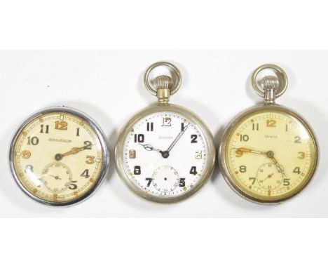 Three military keyless winding open faced pocket watches Jaeger LeCoultre, Grana and Damas, each with subsidiary seconds dial