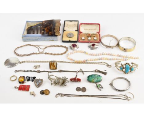A collection of silver jewellery including enamel butterfly brooch, bangle with 9ct gold front, two rings, three pendants, ch