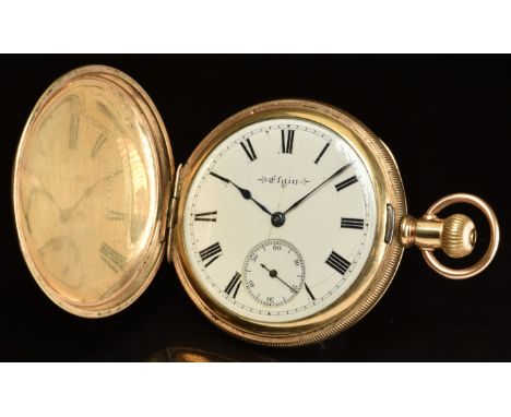 Elgin gold plated keyless winding full hunter pocket watch&nbsp;with inset subsidiary seconds dial, blued hands, black Roman 