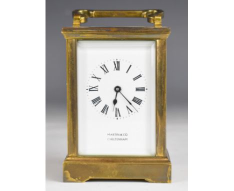 Martin &amp; Co. Cheltenham gilt cased carriage clock with bevelled glass panels, height including handle 15cm