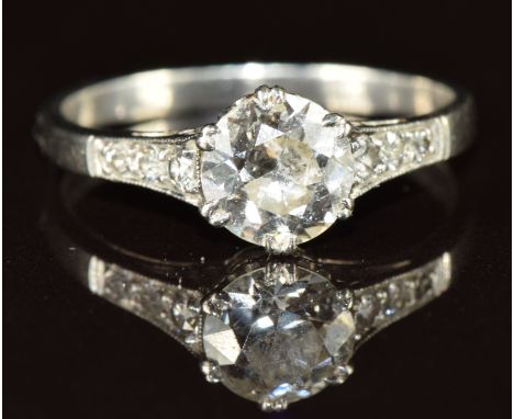 Art Deco platinum ring set with a diamond of approximately 1ct and further diamonds to the shoulders, 2.8g, size M