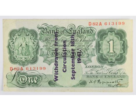 States of Guernsey 1941 overprint on Bank of England K.O. Peppiatt £1 banknote serial number D82A 613199, the overprint reads