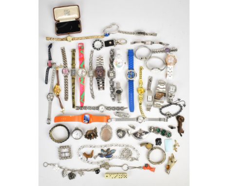 A collection of jewellery including silver fob watch, paste brooches, Oceanaut watch, Siam silver brooches and earrings, silv