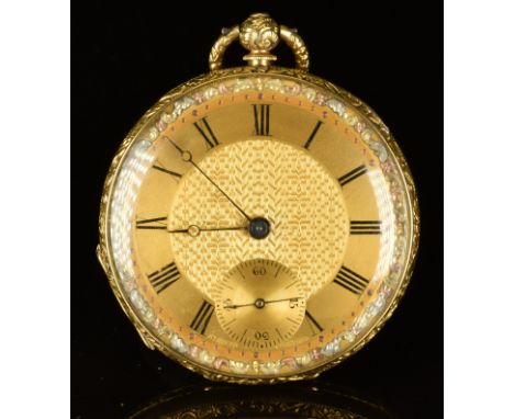 Stauffer 18ct gold open faced pocket watch with subsidiary seconds dial, blued Breguet hands, black Roman numerals, gold dial