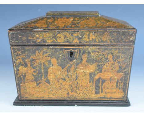 19thC Chinoiserie tea caddy, opening to reveal two lidded compartments, L20.5cm