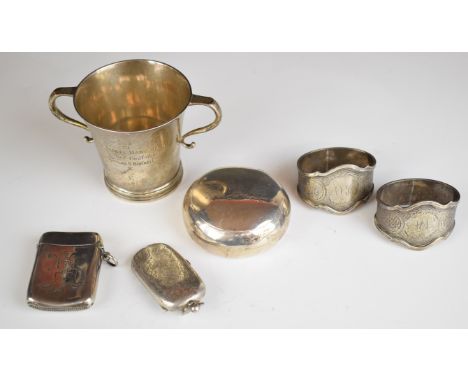 Hallmarked silver items comprising twin handled trumpet shaped goblet or vase, Victorian hallmarked silver vesta with Cindere