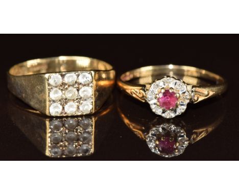 Two 9ct gold rings, one set with a ruby surrounded by diamonds and the other quartz, 4g, size M &amp; O