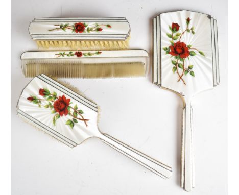 Elizabeth II hallmarked silver and floral guilloch&eacute; enamel dressing table set comprising hand mirror, two brushes and 