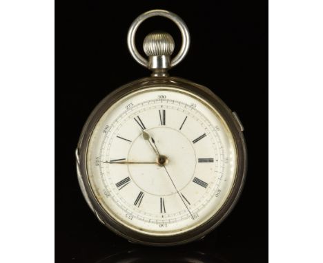 Unnamed silver keyless winding open faced chronograph pocket watch with gold hands, black Roman numerals, white dial and unsi