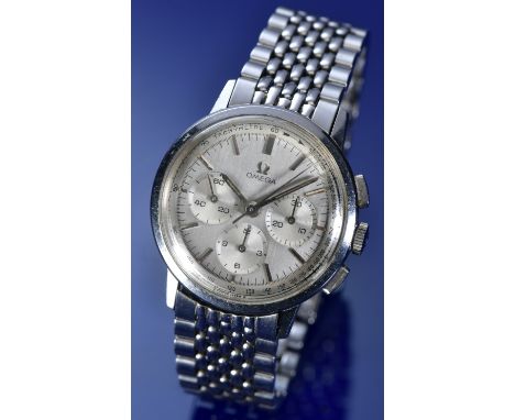 Omega gentleman's chronograph wristwatch with steel hands and baton hour markers, silver dial and stainless steel case, on st