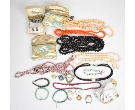A collection of jewellery including silver bracelet and matching earrings set with abalone, two pearl necklaces with original