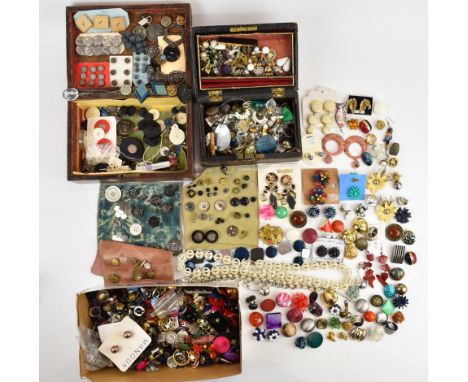 A collection of vintage earrings including Monet, abalone, Toledo etc, a collection of buttons including Victorian cut steel,