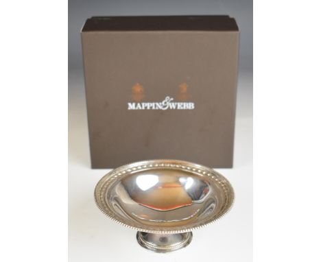 Boxed Mappin &amp; Webb modern hallmarked silver tazza with beaded decoration, Sheffield 1999, diameter 13.5cm, weight 127g