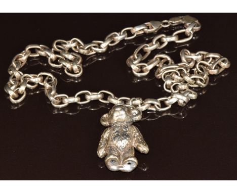 A silver chain (64cm) and silver Teddy bear pendant (4.5cm), 49.6g&nbsp;