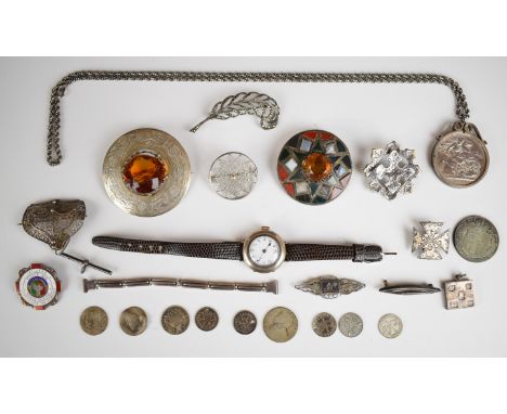 A collection of silver and white metal jewellery including watch with enamel dial, agate brooch, 1890 crown, watch strap, mar