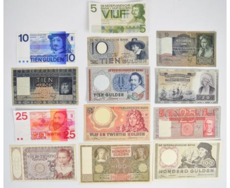 Thirteen Netherlands 1930-71 banknotes comprising 1953 10, 100 Gulden notes plus a 1955 25 Gulden, seven WW2-era (1939-44) no