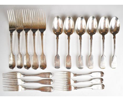 Victorian harlequin canteen of hallmarked silver fiddle pattern cutlery comprising five dinner forks, six dessert forks and s