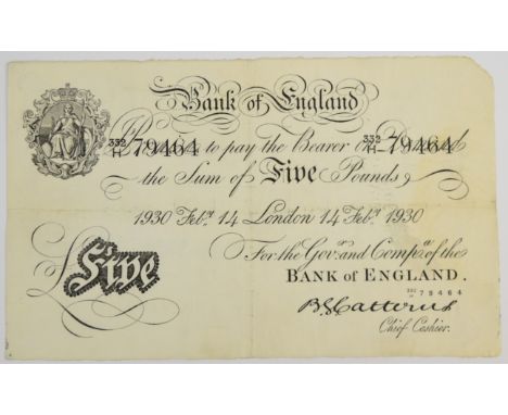 Bank of England 1930 B.G. Catterns white £5 banknote, London, 14th Feb. 1930 (Valentine's Day)  