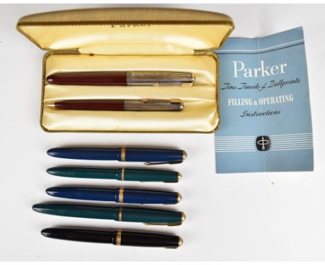 Seven vintage Parker pens comprising five fountain pens including Duofold, Senior Duofold and Slimfold and a fountain and bal