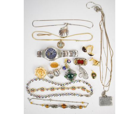 A collection of jewellery including 9ct gold tie clip (3.2g), Miracle brooch, micro mosaic bracelet, 800 grade silver brooch 