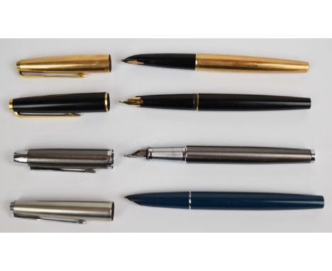 Four fountain pens comprising Montblanc with black resin barrel and cap and gold plated fittings and three Parker.&nbsp;