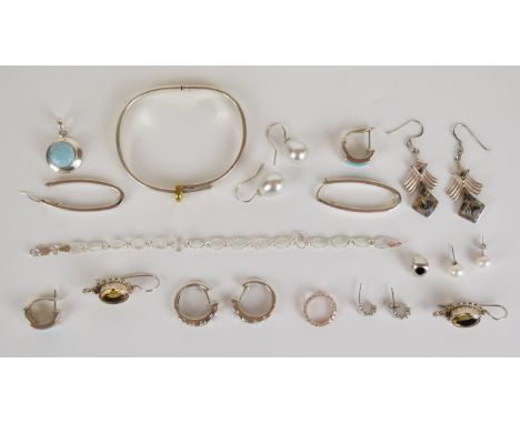 Silver bangle, six pairs of silver earrings including turquoise, cubic zirconia, etc, silver bracelet and two silver pendants