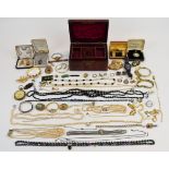 A collection of costume jewellery including brooches, beads, Toledo, Wedgwood brooch, 9ct gold and
