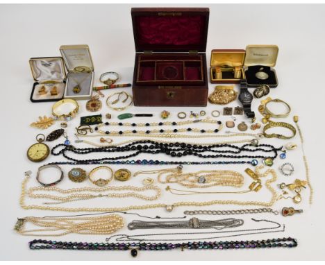 A collection of costume jewellery including brooches, beads, Toledo, Wedgwood brooch, 9ct gold and silver eternity ring, 9ct 