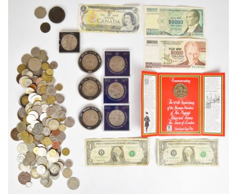 Small collection of world coins and banknotes including 1972 Uganda 5 shillings, a 1797 'cartwheel' twopence, a continental h