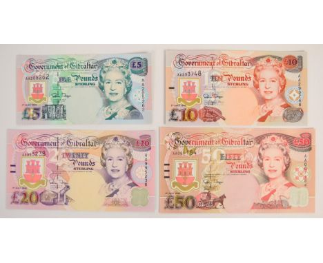 Four Gibraltar 1995 issue banknotes comprising &pound;5, &pound;10, &pound;20 and &pound;50, all with 'AA' prefix serial numb