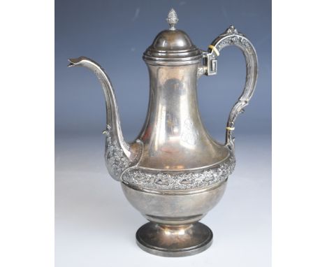 Boulenger French silver coffee pot with embossed foliate decoration and ivory insulated handle and acorn finial, height 25.5c