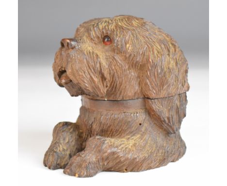 Black Forest novelty carved wooden inkwell formed as a dog's head and front paws, height 9.5cm