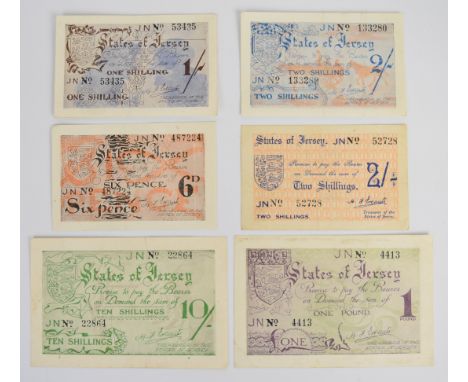 Six States of Jersey undated (1941-42) WW2 German occupation banknotes including 6d, 1 Shilling, both 2 Shillings varieties, 