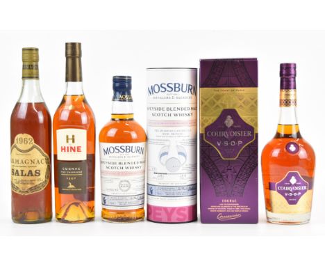 Four bottles of mixed spirits comprising Hine Champagne Cognac 40% vol, Courvoisier VSOP Cognac 40%, Salas Armagnac 1962 40% 