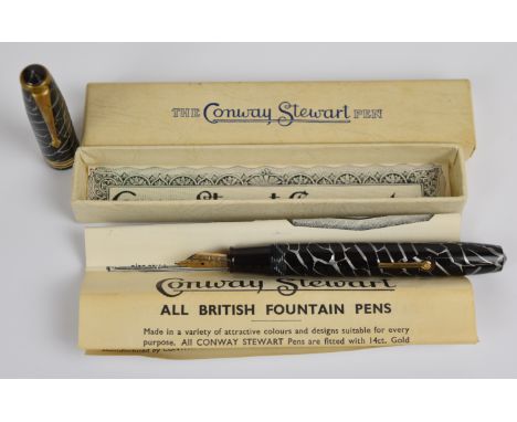 Conway Stewart 58 Cracked Ice fountain pen with black and silver body and cap, gold plated fittings and 14ct gold Duro nib, i