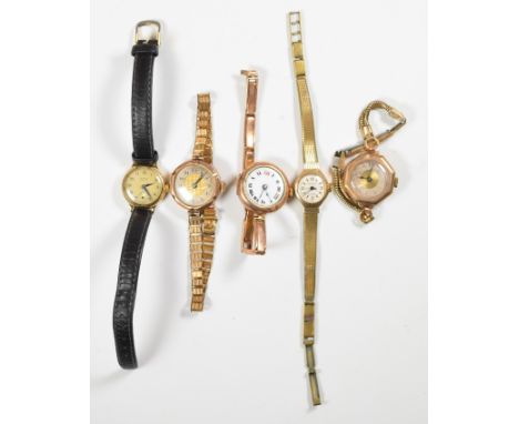 Five 9ct gold ladies wristwatches including Benrus on black leather strap, Sekonda and three unsigned examples, all on gold p