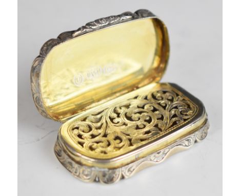 Victorian hallmarked silver snuff box with engraved decoration, gilt interior and pierced cover, Birmingham 1859, maker&nbsp;