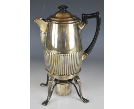 Georgian hallmarked silver spirit kettle or hot water jug on stand, with reeded lower body and reeded legs terminating in lio