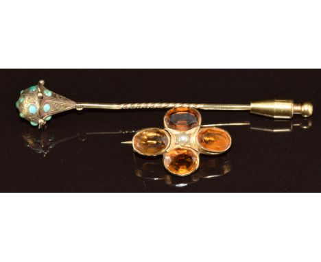 Victorian stick pin set with turquoise (2.6g) and a Victorian yellow metal brooch set with citrine and a split pearl (2.8g, 2