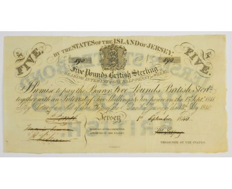 States of Jersey 1840 £5 Sterling banknote, pen cancelled by strikethrough  