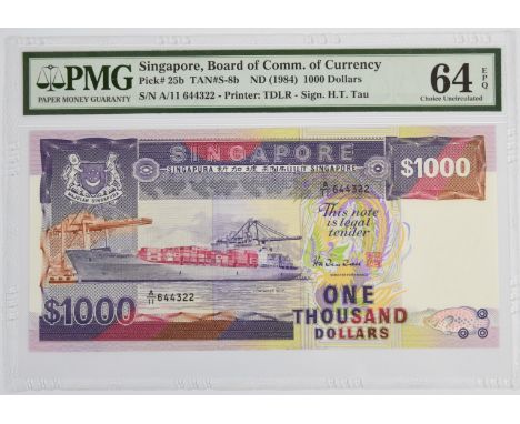 Singpore undated (1984) 'Ships' series $1000 banknote signed Hu Tsu Tau, PMG graded 64 'Choice Uncirculated'  