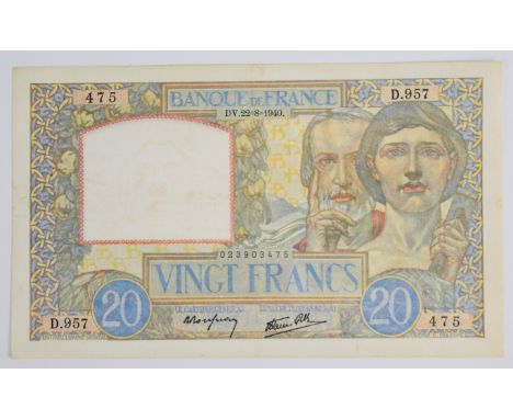 France 1940 'Science and Labour' 20 Francs banknote   